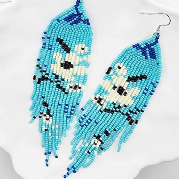 Long 5.5" Japanese White Blue Sakura Blossom Handmade Flower Oversized Earrings - Picture 2 of 6